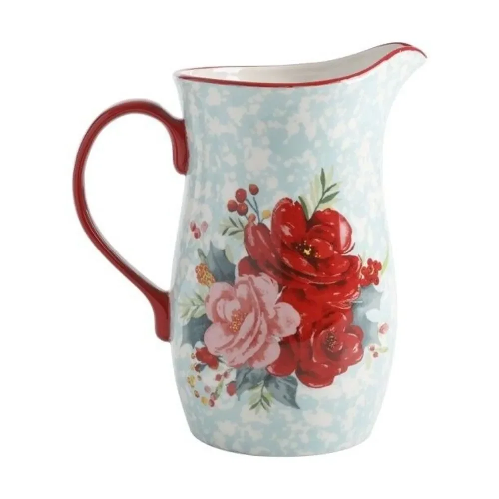 Pioneer Woman Holiday Pitcher Teal Splatter Floral Design 2.54 Quart Ceramic